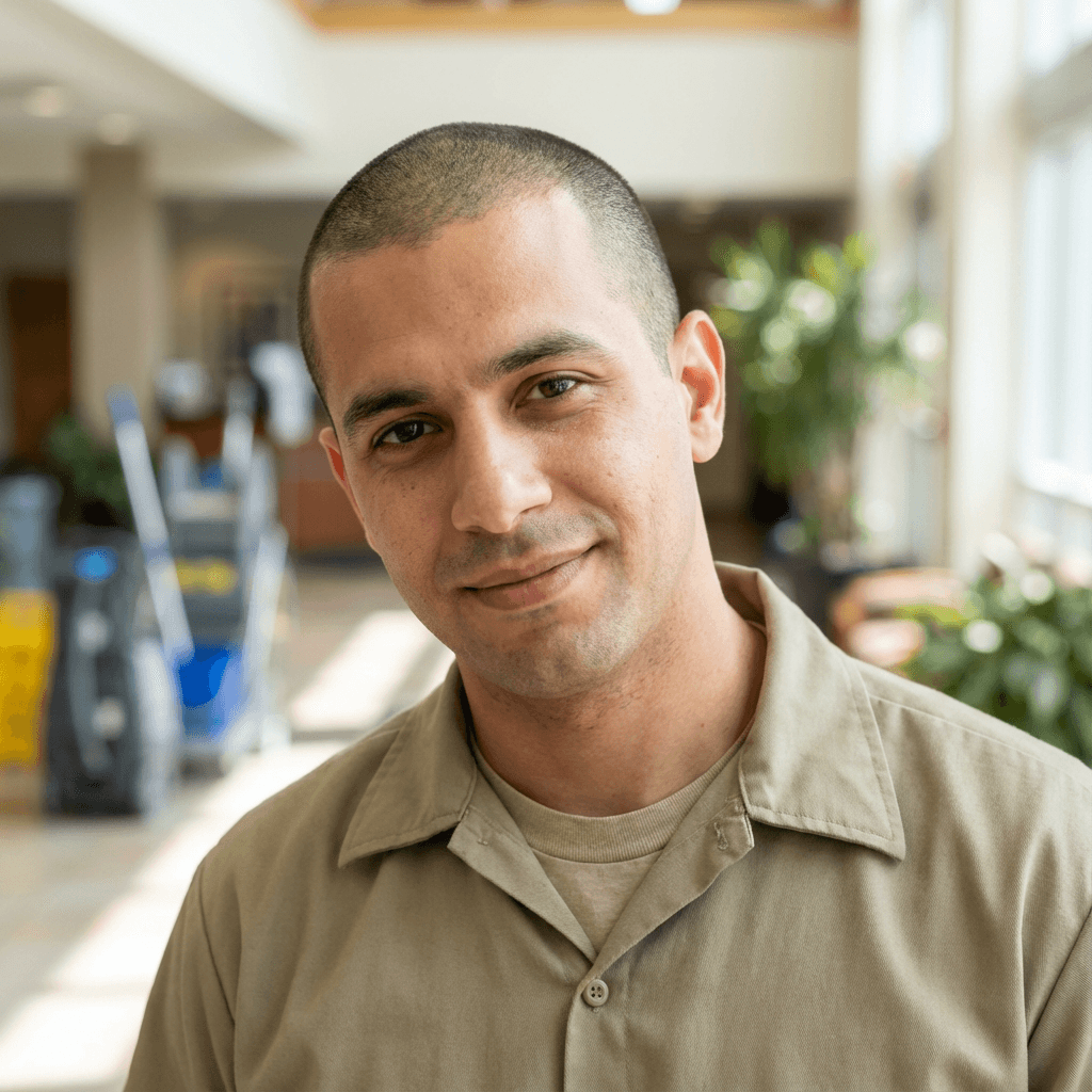Natural light portrait of a professional man standing beside a well-maintained commercial property in Toronto
