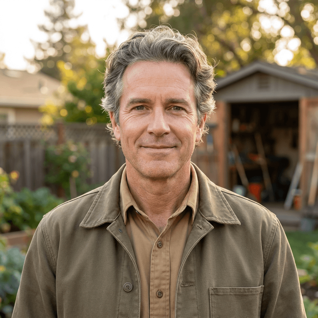 Soft daylight image of a smiling man tending a flower bed in his residential garden in Toronto