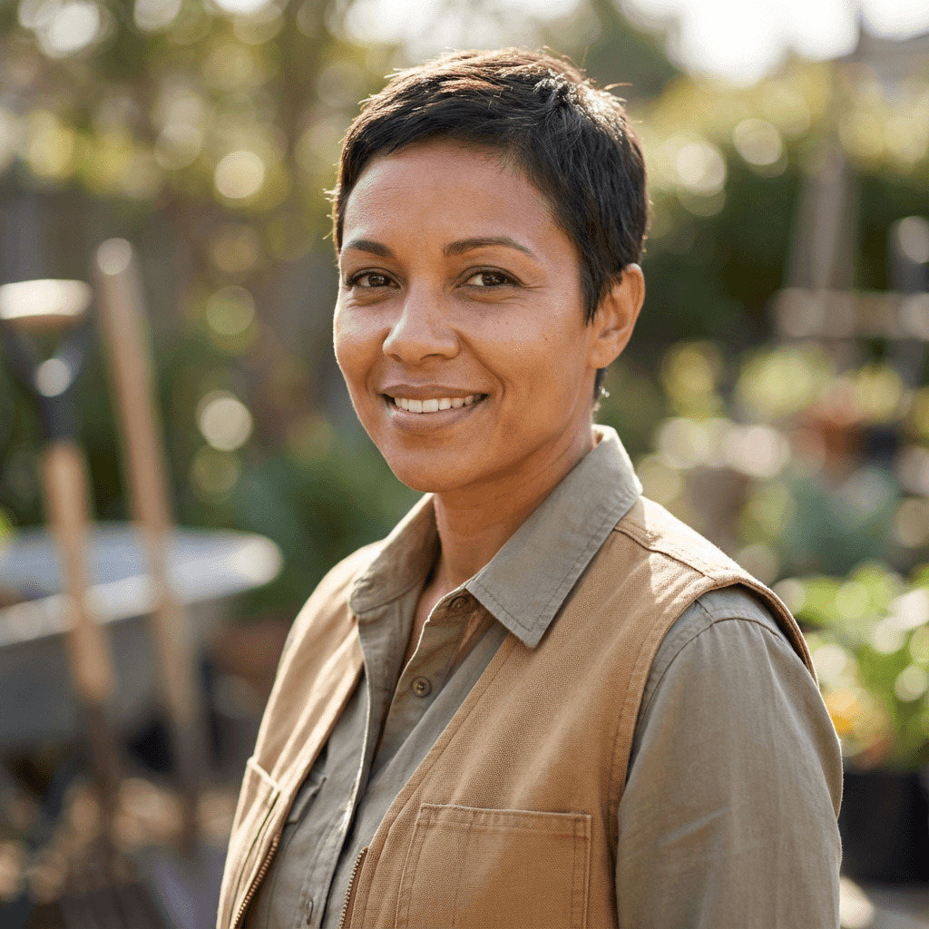 Warm natural light portrait of a smiling woman standing in her landscaped backyard in Toronto