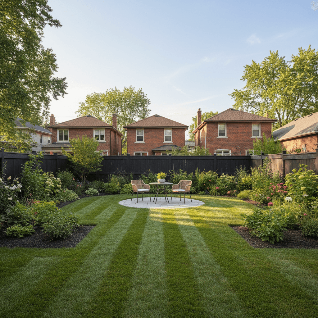 Backyard with freshly mowed striped lawn and neatly edged garden beds in soft golden light