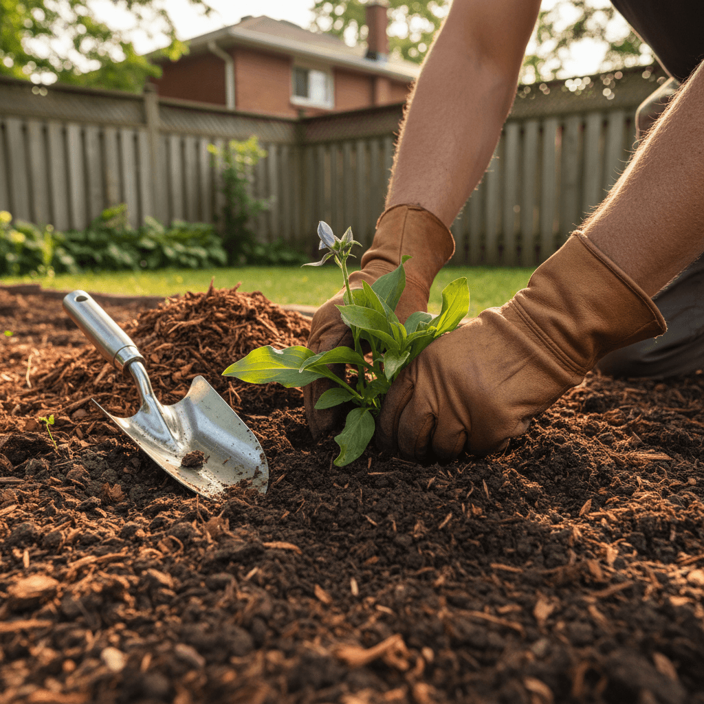 Gloved hands planting a young perennial in rich garden soil