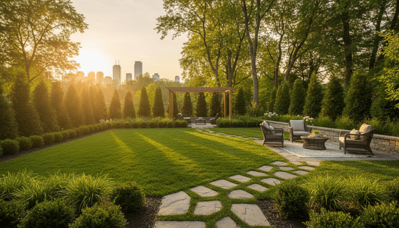 Beautifully landscaped backyard in Toronto at golden hour