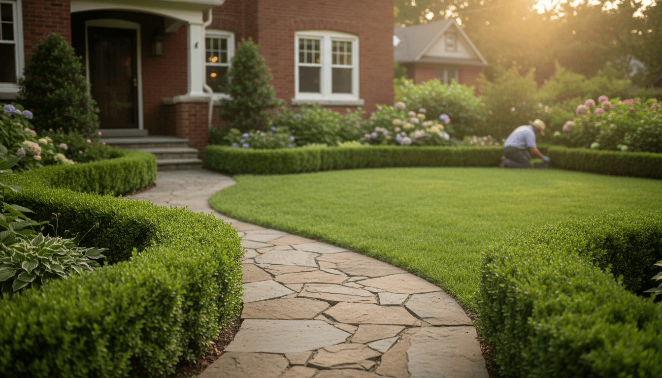 A lush green lawn with trimmed hedges and a stone path in front of a Toronto home