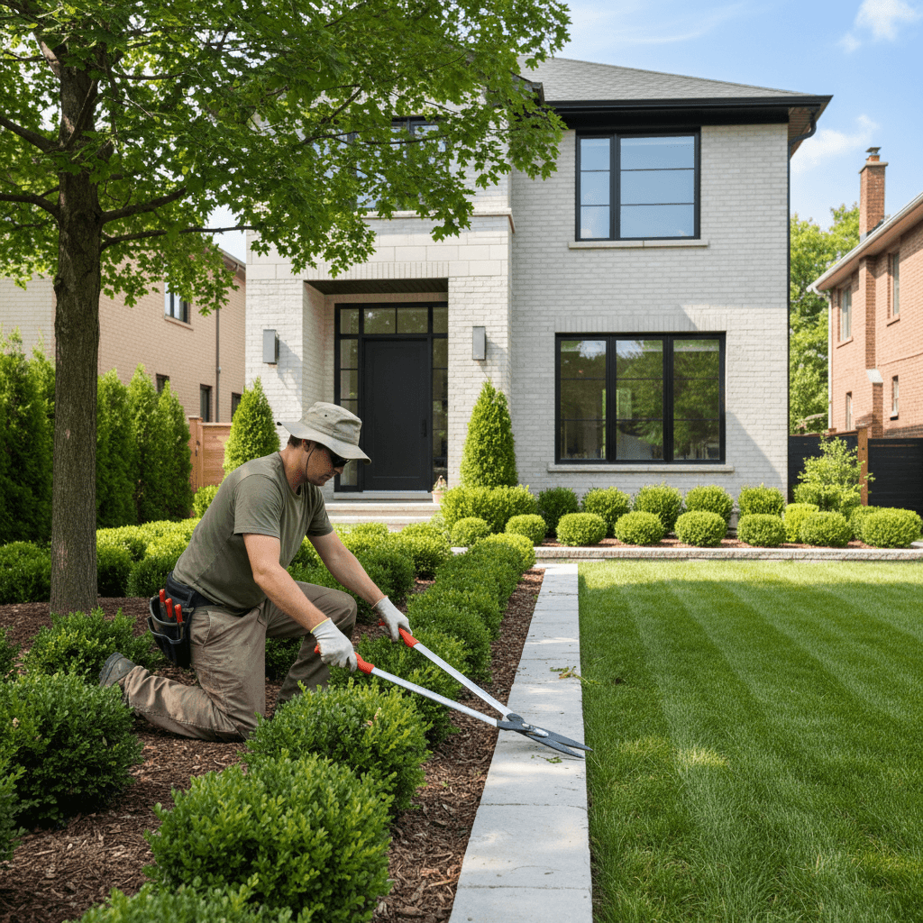 Landscaper in work gloves trimming shrubs with hand shears beside a tidy Toronto home