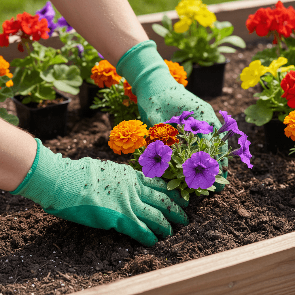 Close up of hands in work gloves planting colorful annual flowers into dark soil