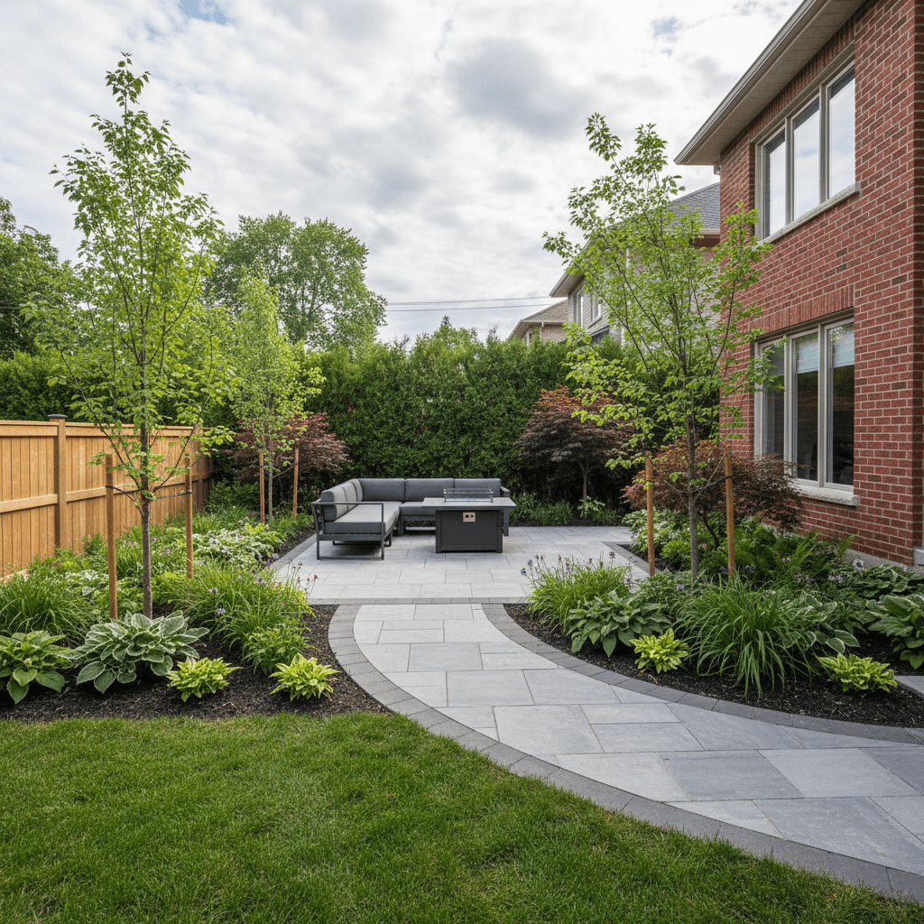 New patio and walkway with freshly planted mixed garden beds and young trees on a residential property