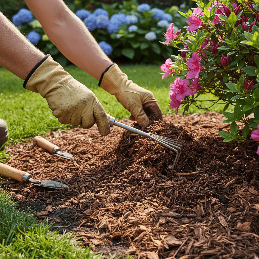 Close-up of a freshly mulched garden bed with healthy perennials