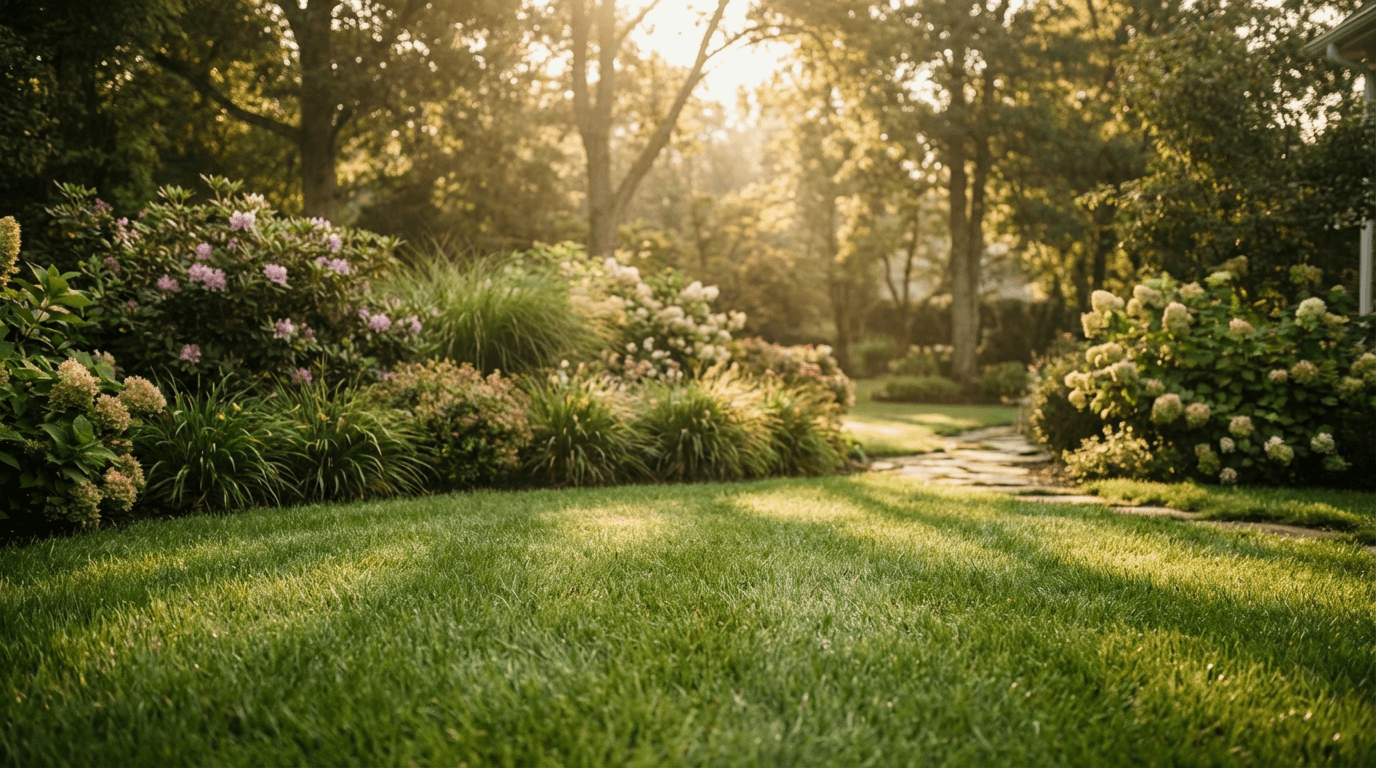 Manicured residential backyard with trimmed hedges and a stone pathway