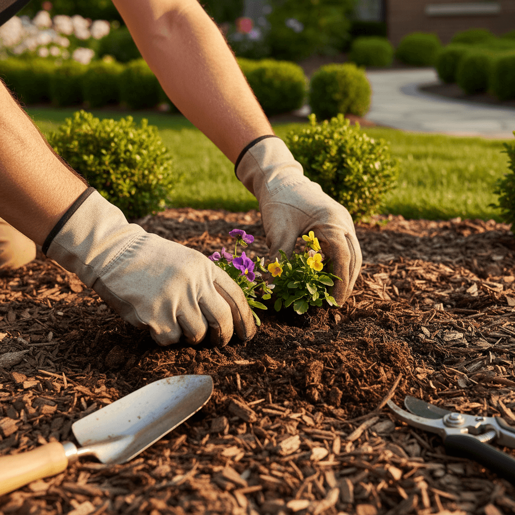 Landscaper planting perennials in a Toronto backyard at golden hour