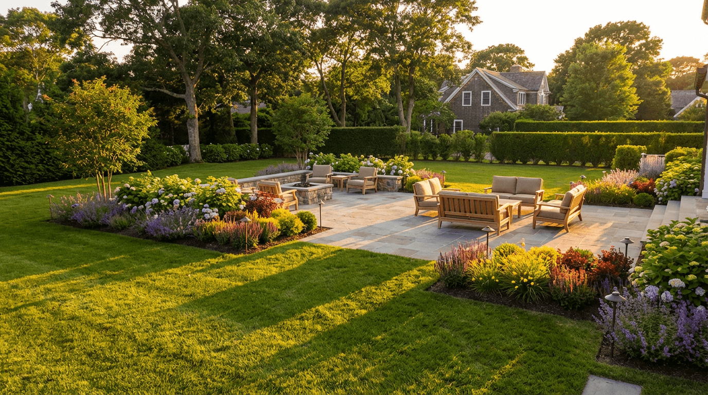 Completed residential backyard in Toronto with a stone patio and manicured lawn