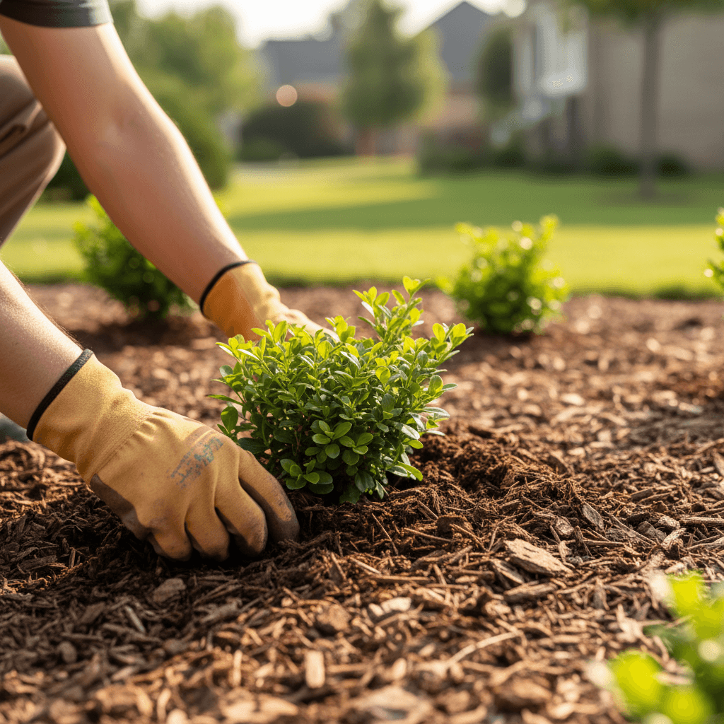 Tidy commercial landscape bed with fresh mulch and pruned boxwoods