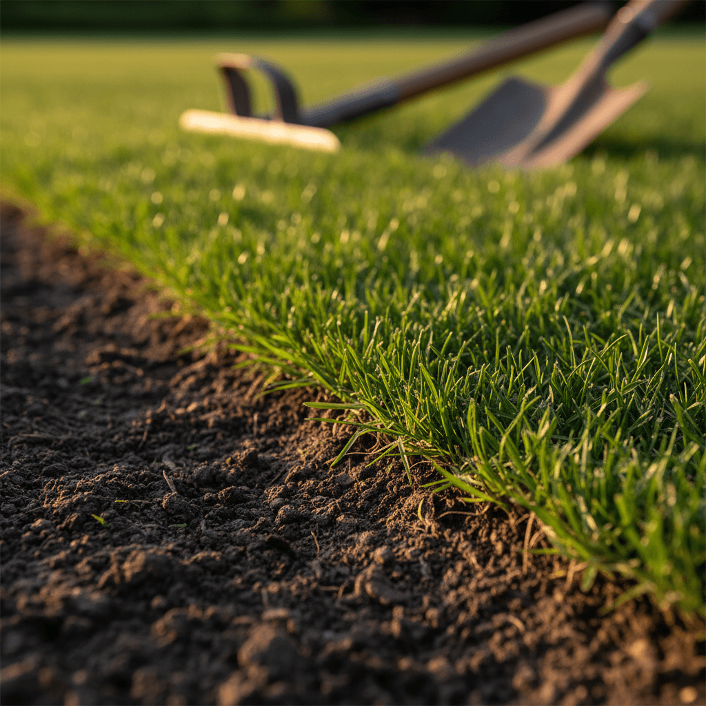 Close-up of crisp mowing stripes along a paver walkway