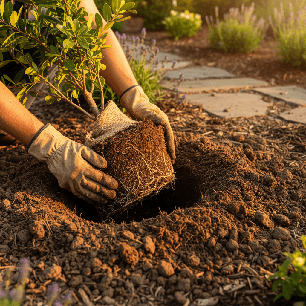 Hands in work gloves planting a young shrub in fresh soil